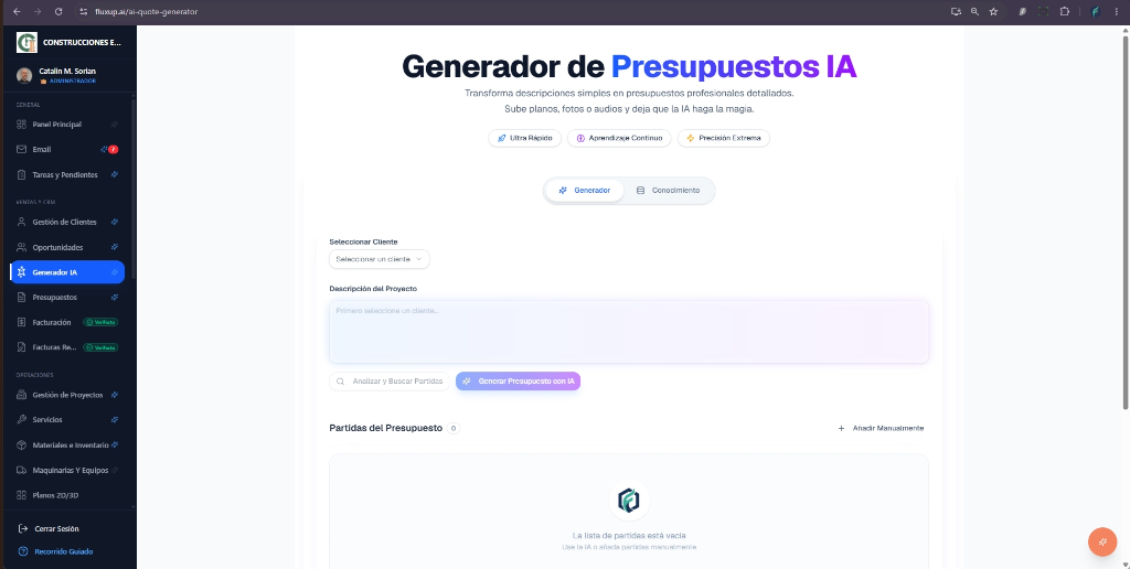 Interfața Generador de Presupuestos IA din platforma fluxup.ai